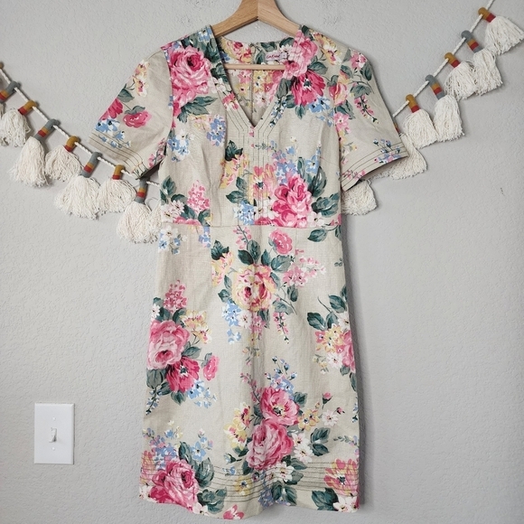 Cath Kidston Floral Rose Tea Sub Cotton Vneck Shift Dress Peasant Prairie US 6 - Picture 1 of 12
